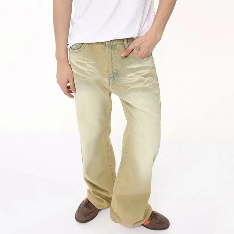 American Design Men's Denim Pants Casual Worn-out Contrast Color Summer Straight Menwear Wide Leg Bottom 9C6504