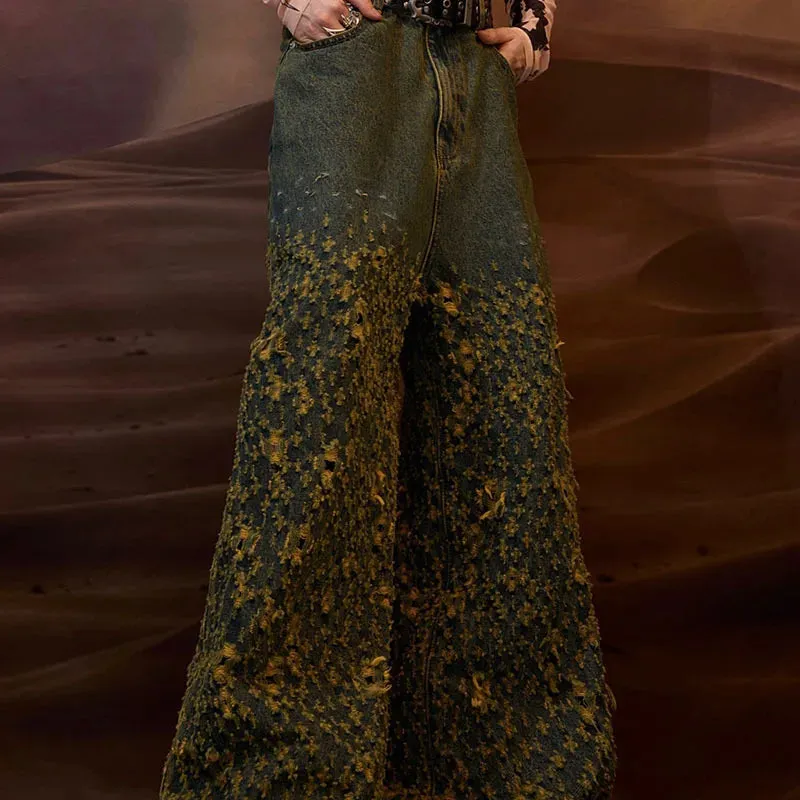 American High Street Irregular Hole Jeans Straight Casual Pants Vintage Wide Leg Male Trousers Fashion 24E1290