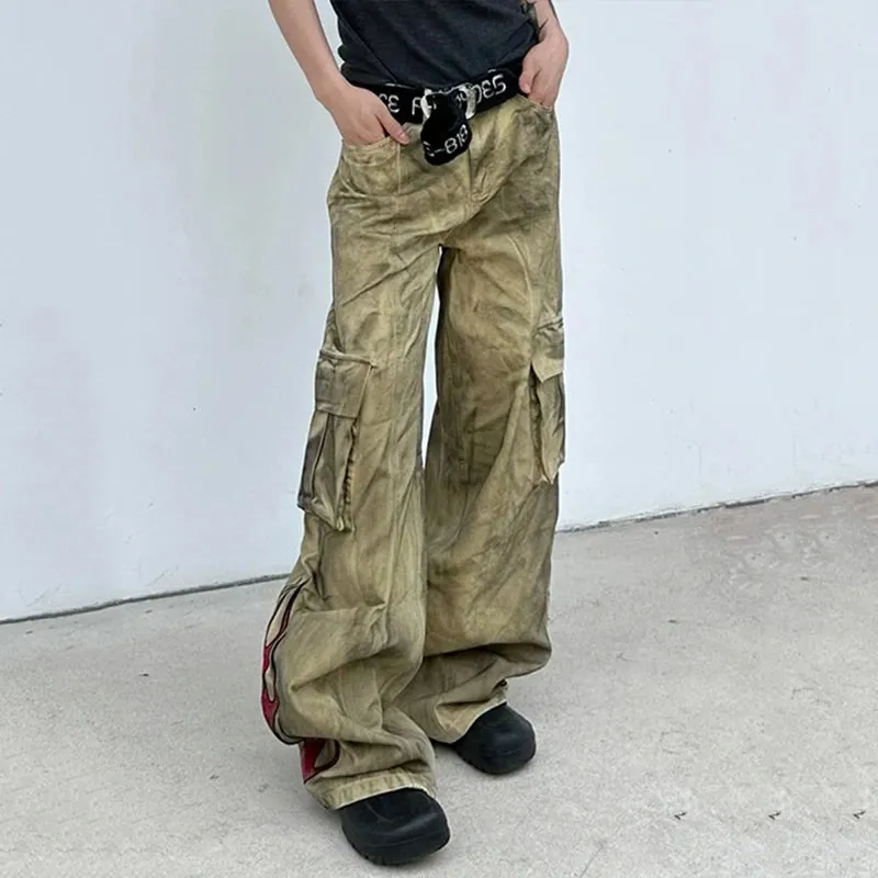 American Style Men's Denim Pants Worn-out Flame Printing Big Pockets Overall Straight Leg Male Jeans Summer Tide 9C6789