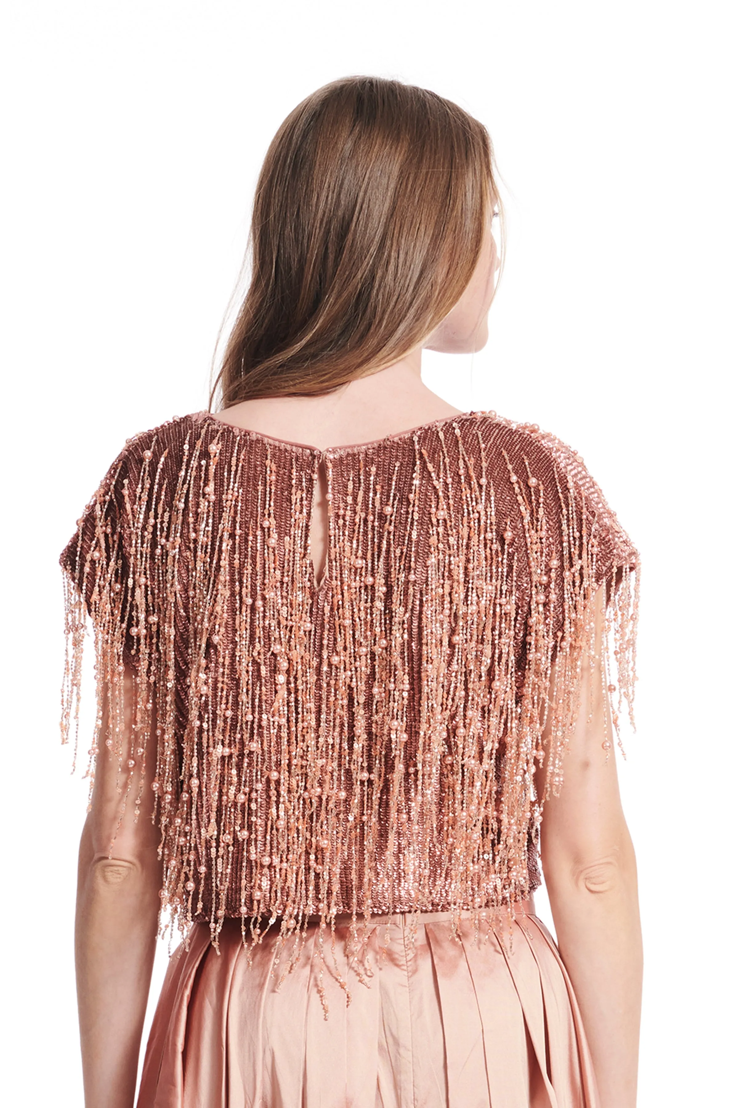 APRICOT HAND BEADED PEARL FRINGE TOP