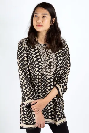 Black Silk Blend Tunic w/ Khaki Embroidery