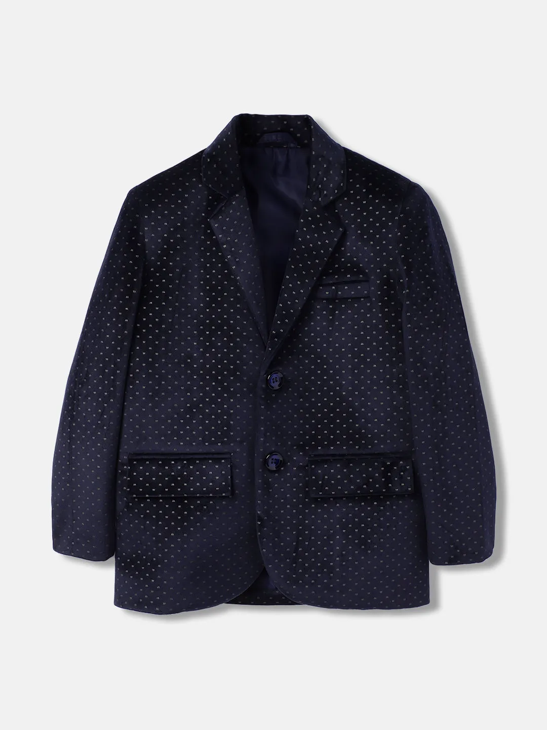 Blue Giraffe Boys Navy Printed Notch Collar Full Sleeves Single Breasted Blazer