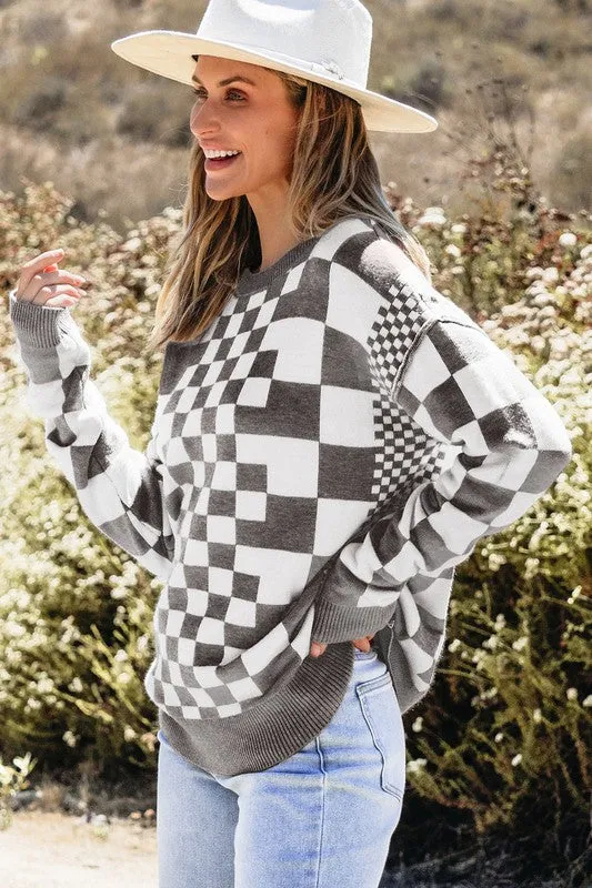 Checkered Drop Shoulder Round Neck Sweater