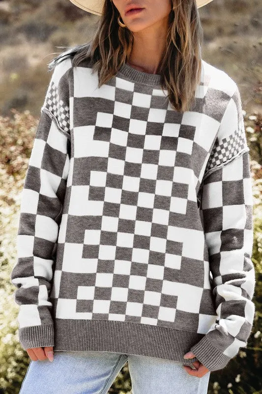 Checkered Drop Shoulder Round Neck Sweater