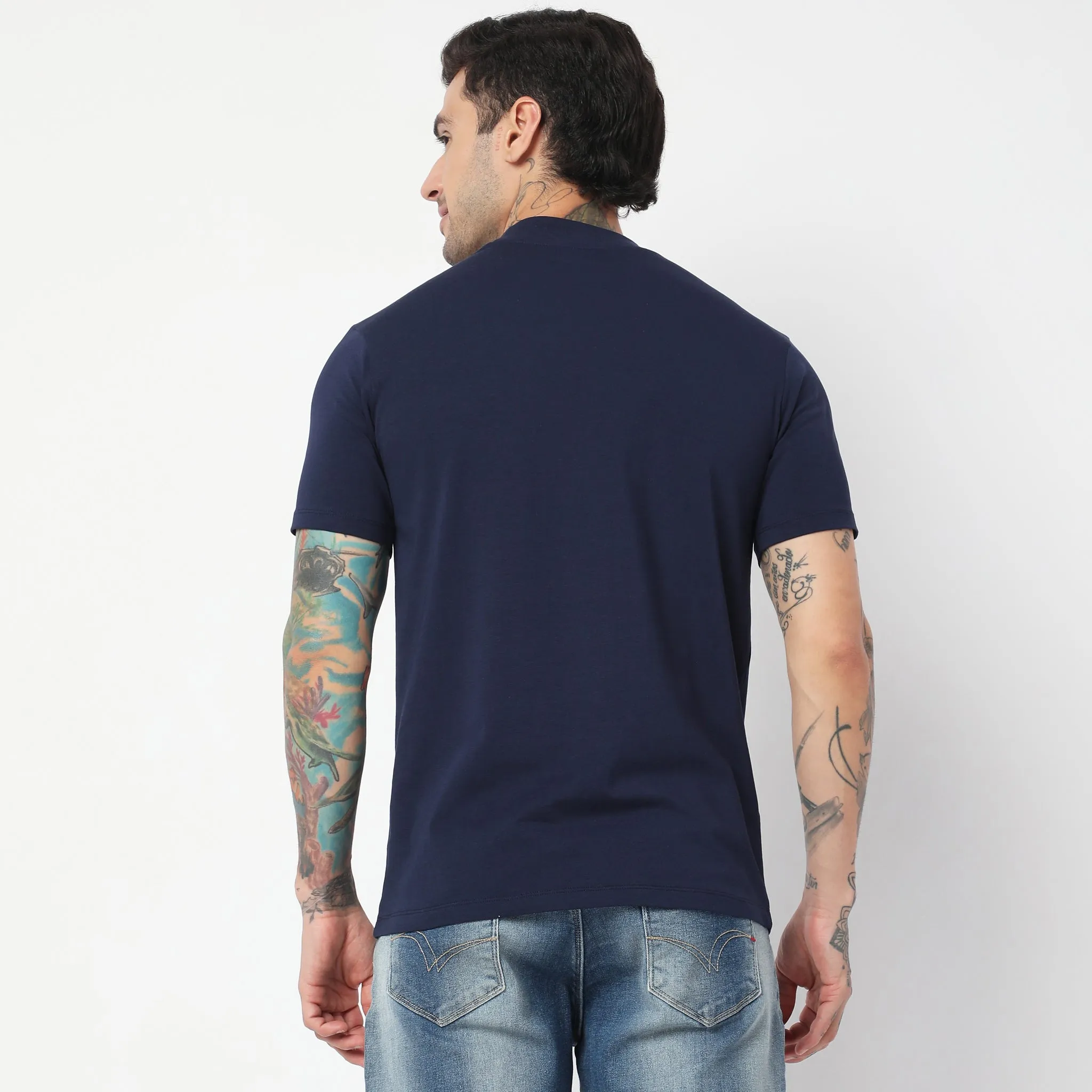 Cotton with E-fast® Stretch High Neck Slim Fit Solid T-Shirt