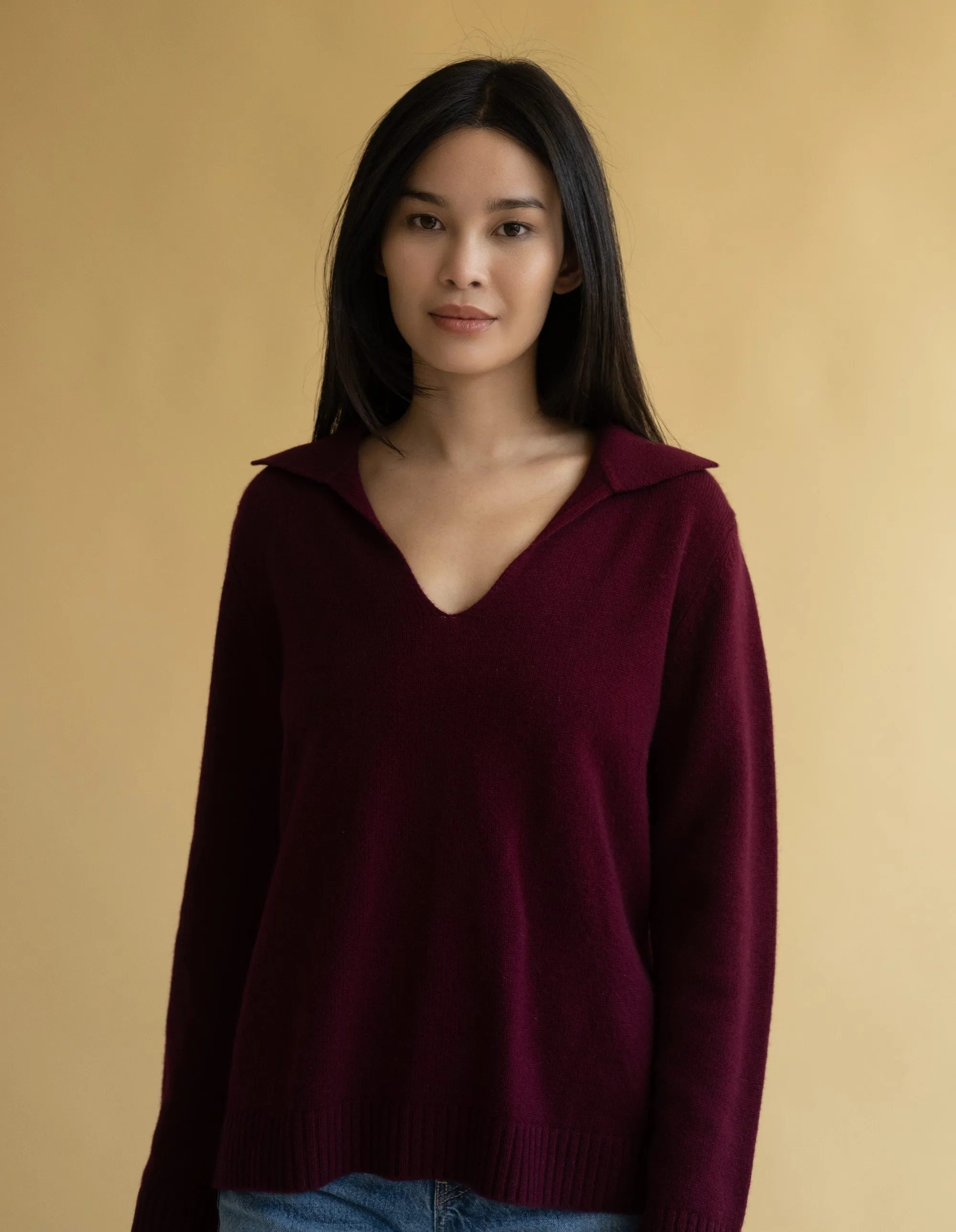 Deep Neck Polo Sweater - Cashmere