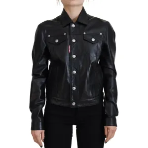 Dsquared² Black Leather Collared Long Sleeves Jacket