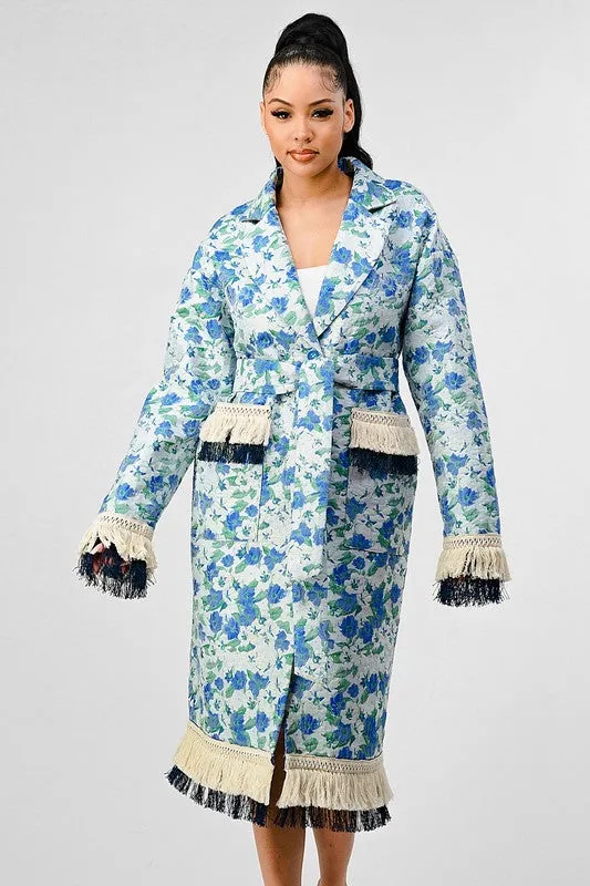 FLORAL PRINT TASSLE TRENCH COAT