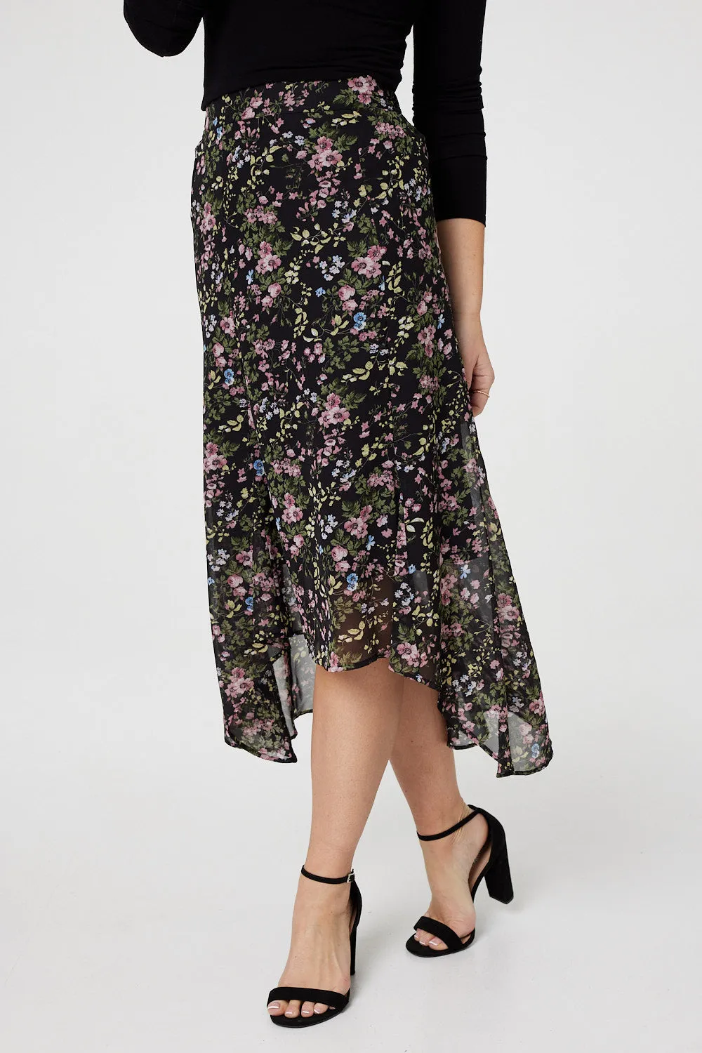 Floral Semi Sheer High Low Skirt