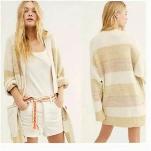 Free People Womens Beige Striped Open Cardigan Sweater