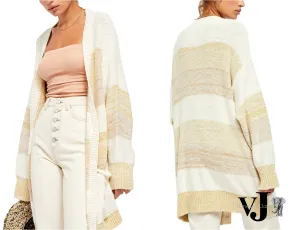 Free People Womens Beige Striped Open Cardigan Sweater