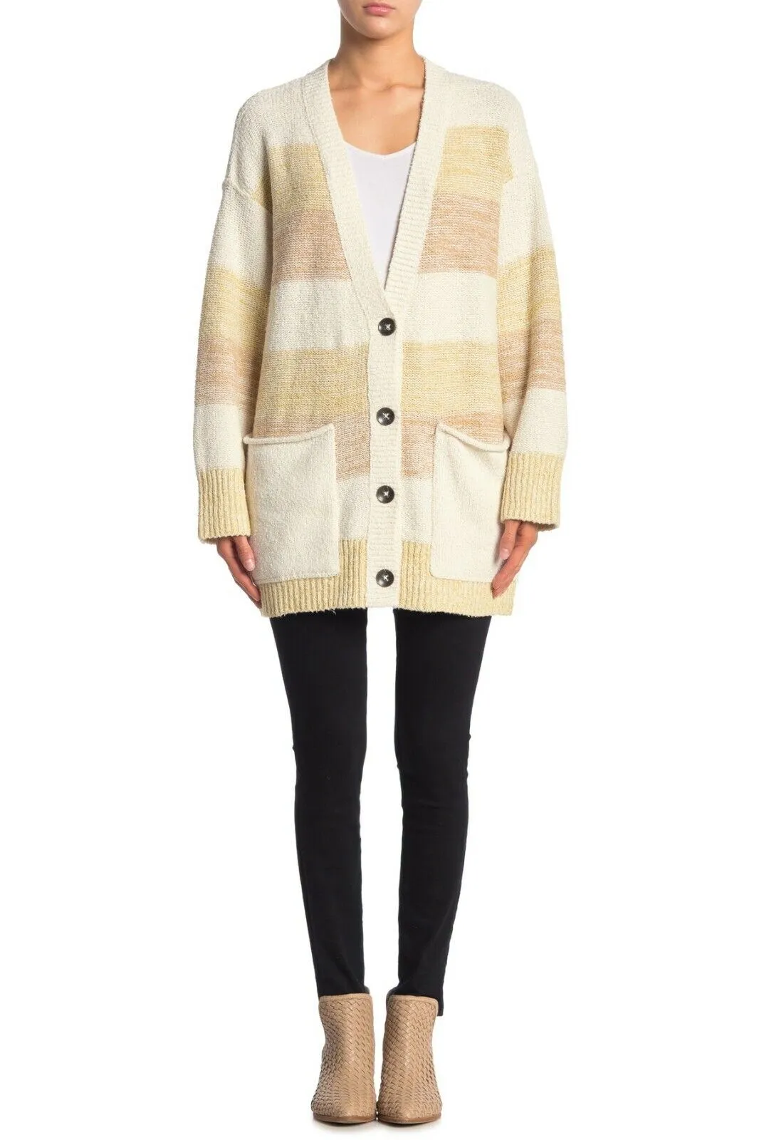 Free People Womens Beige Striped Open Cardigan Sweater