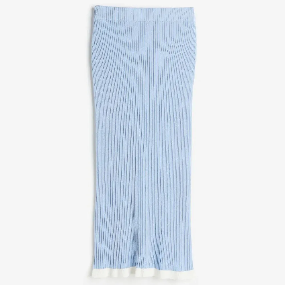 H&M Ruffle-trimmed Rib-knit Pencil Skirt, blue