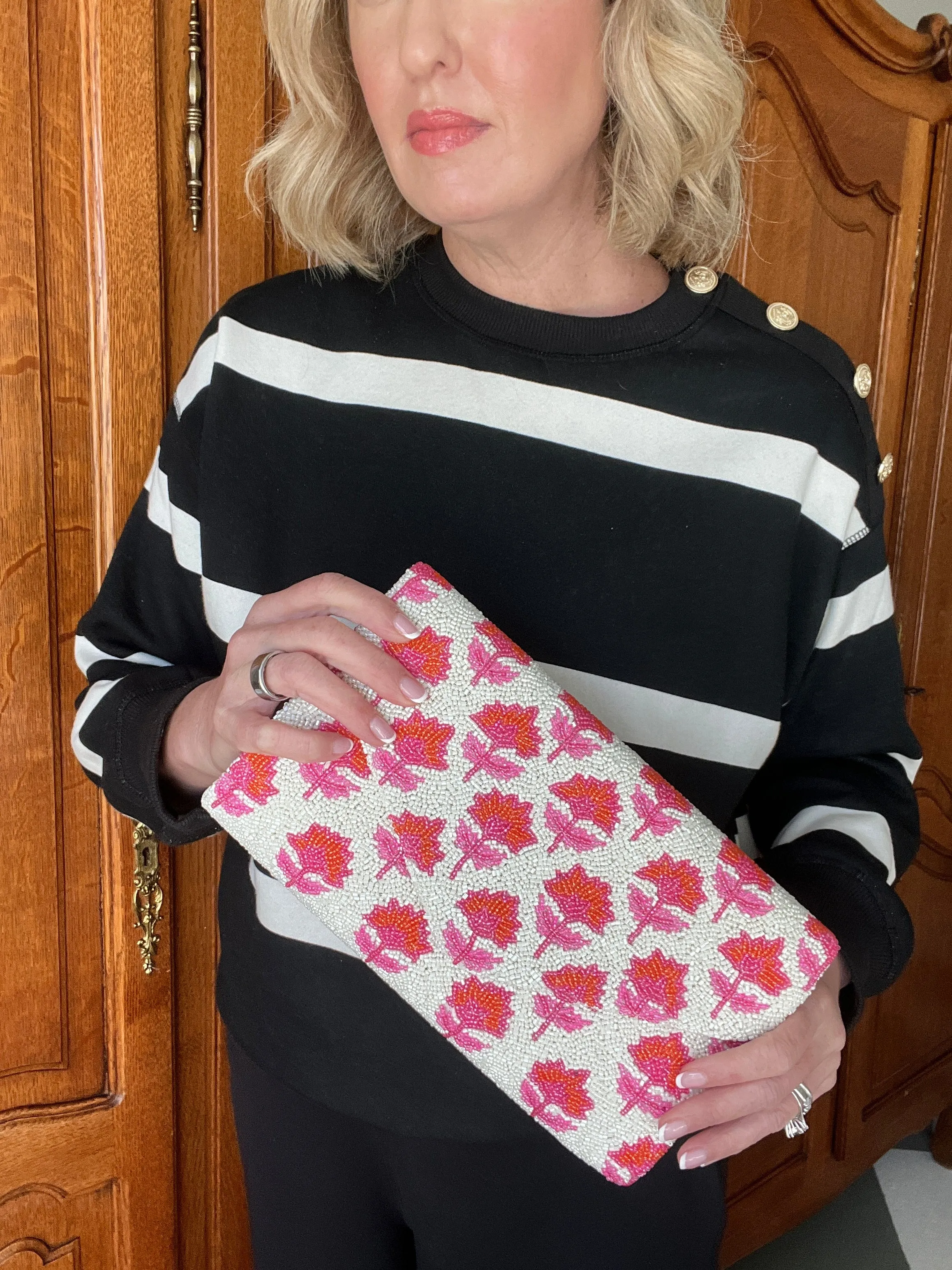 Hand beaded pink and orange block print floral trellis clutch *in stock ships now*