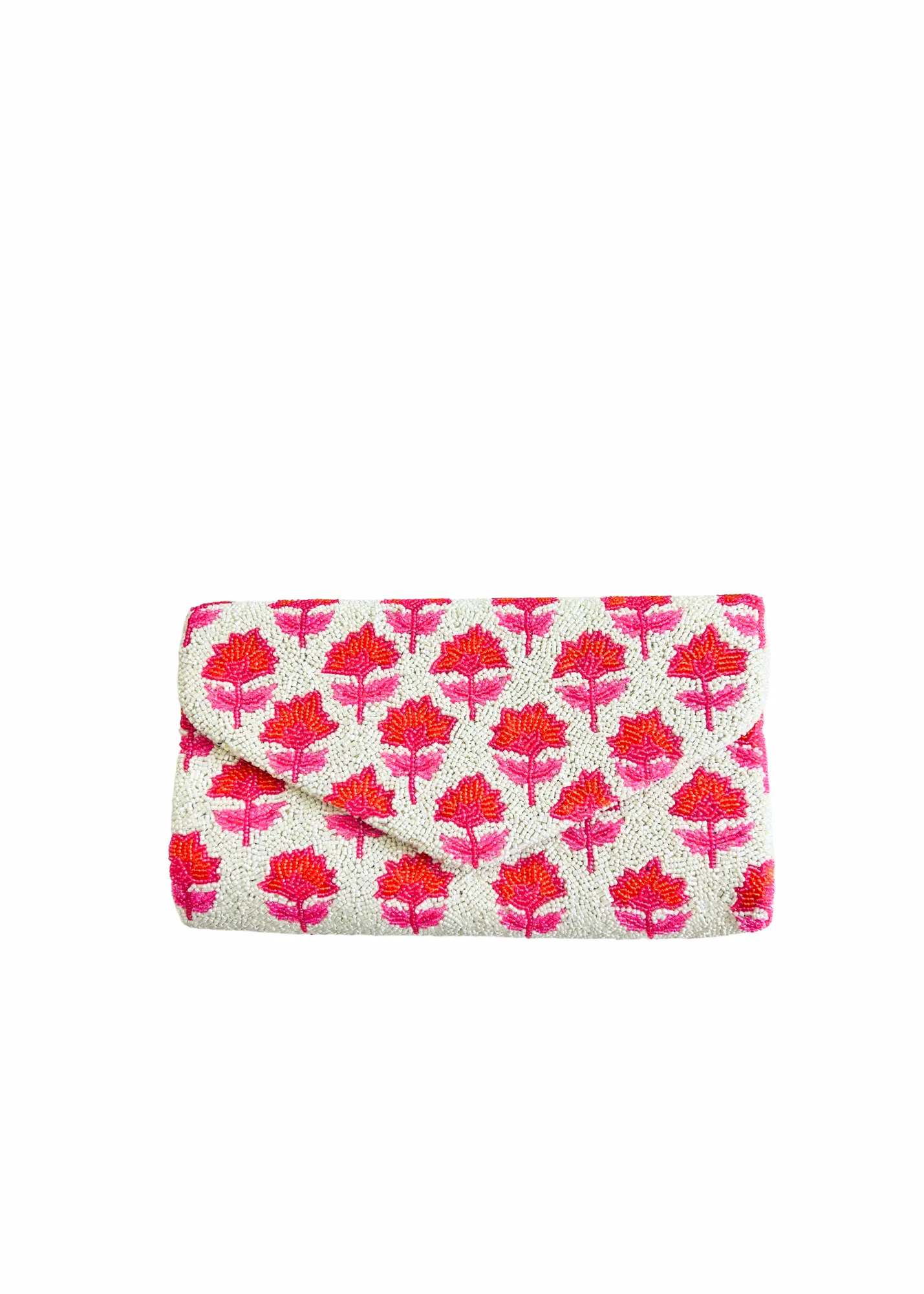 Hand beaded pink and orange block print floral trellis clutch *in stock ships now*