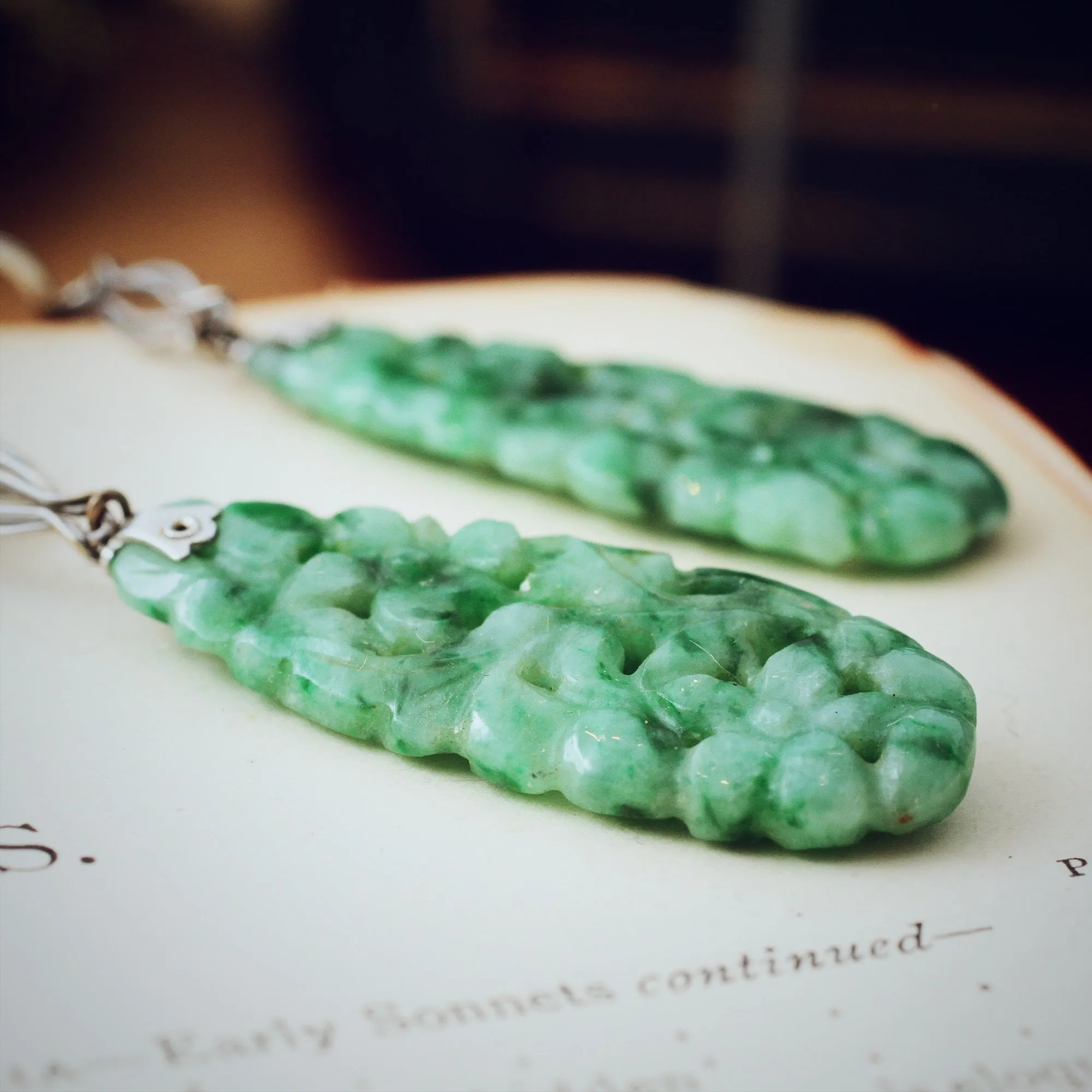 Hand Carved Vintage Jadeite Drop Earrings