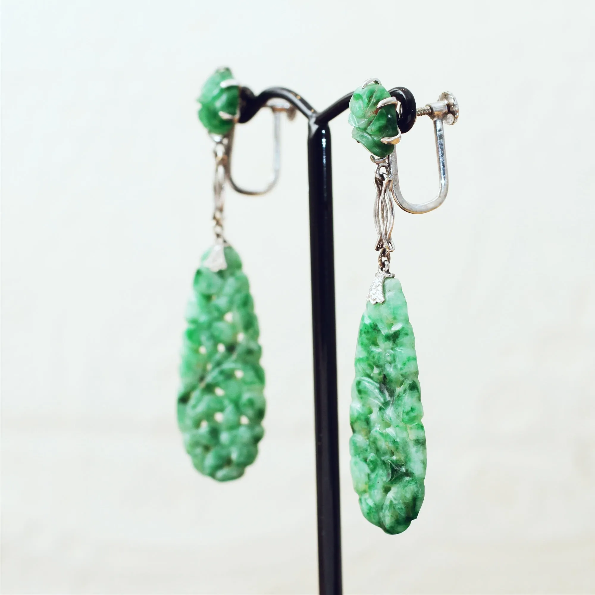 Hand Carved Vintage Jadeite Drop Earrings