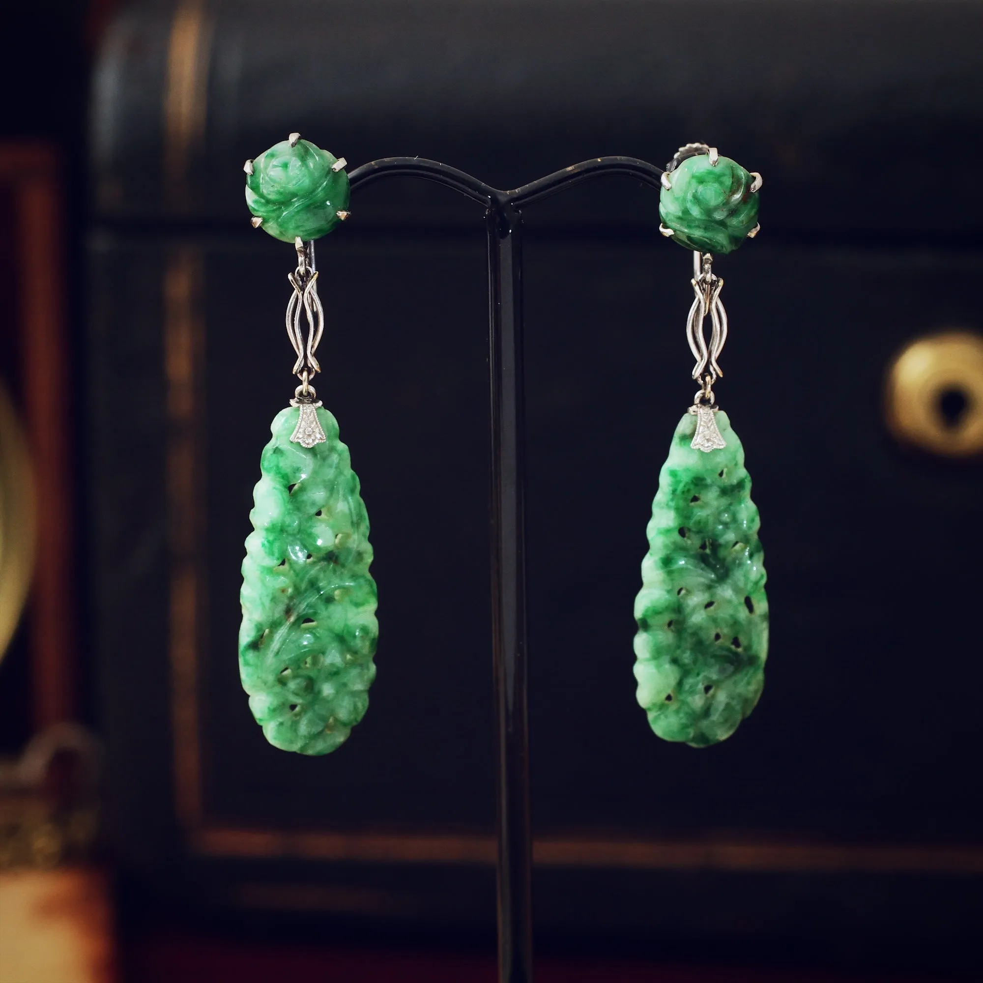 Hand Carved Vintage Jadeite Drop Earrings