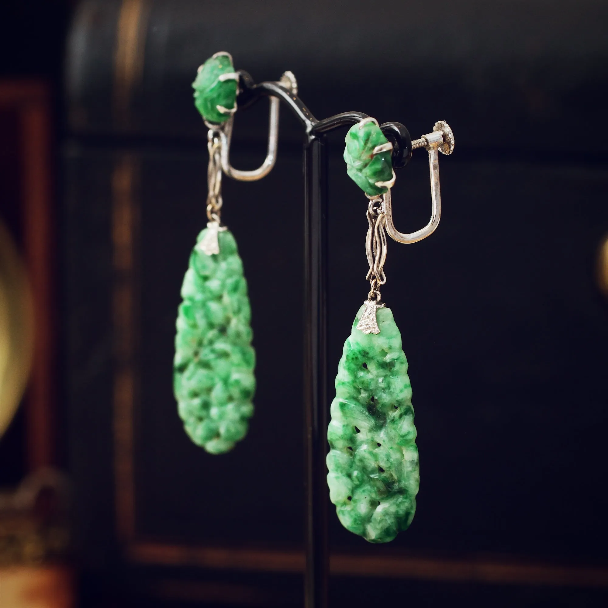 Hand Carved Vintage Jadeite Drop Earrings