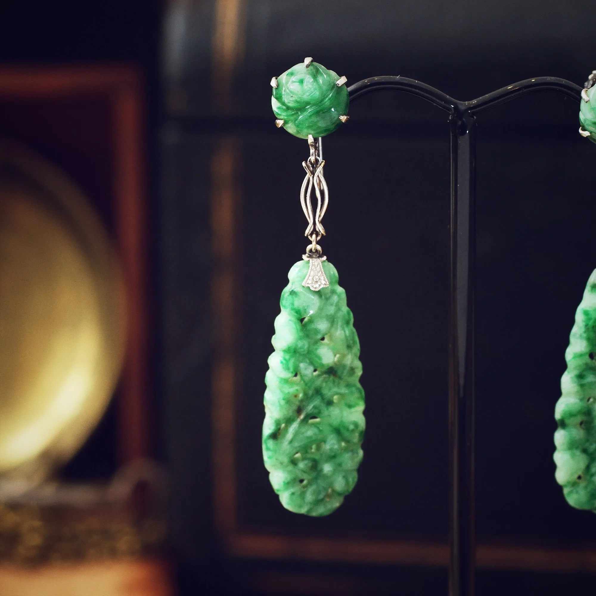 Hand Carved Vintage Jadeite Drop Earrings