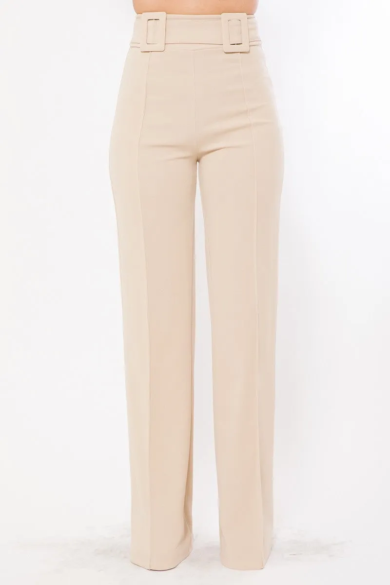 High Waist Pants With Self Fabric Buckle Detail On The Waist