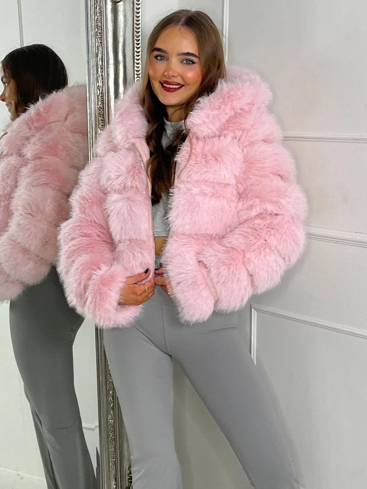 Hooded Faux Fur Jacket - Baby Pink