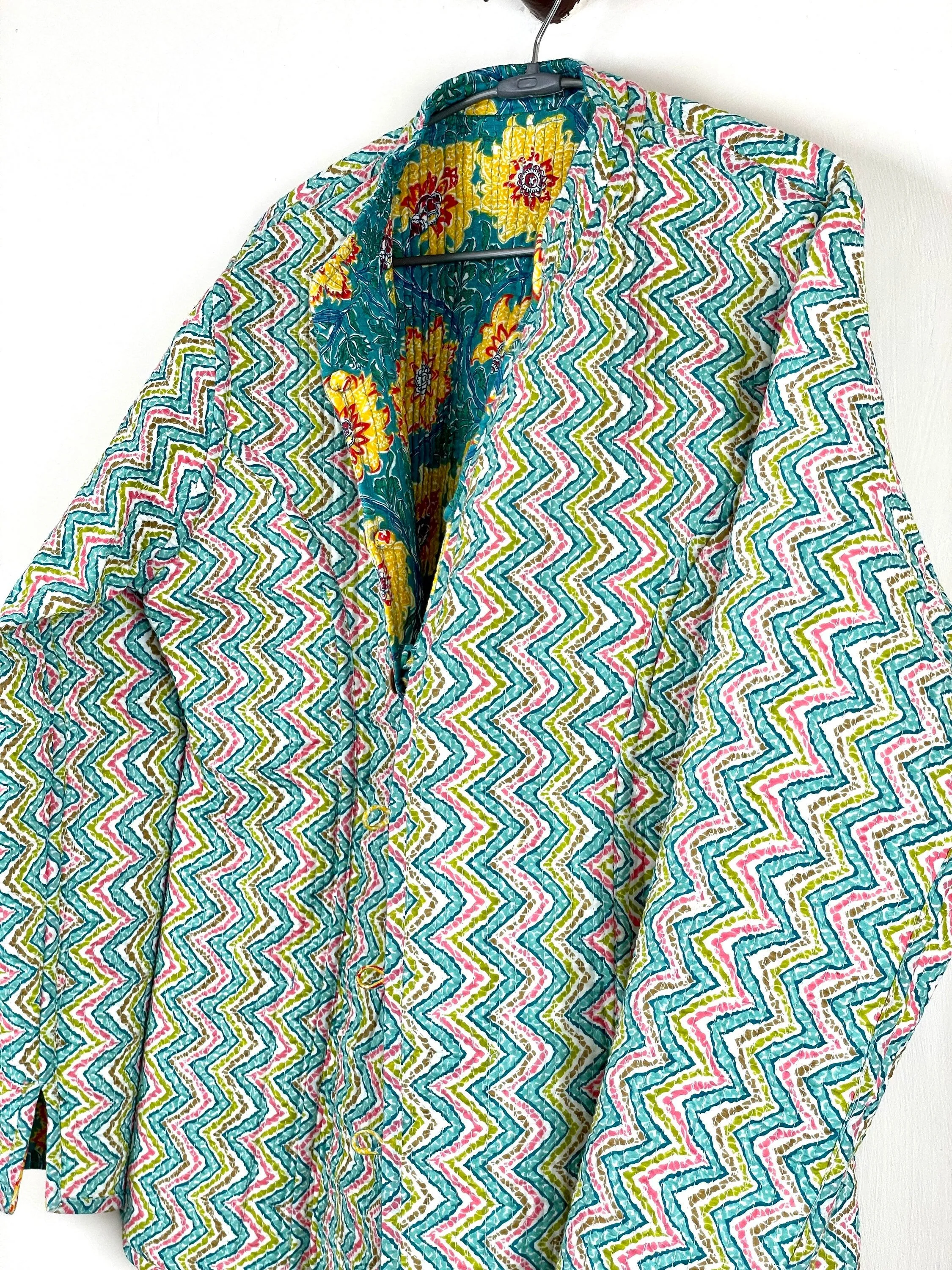 Indian Handmade Quilted Cotton Fabric Jacket Stylish Green & Yellow Floral Women's Coat, Reversible Waistcoat for Her