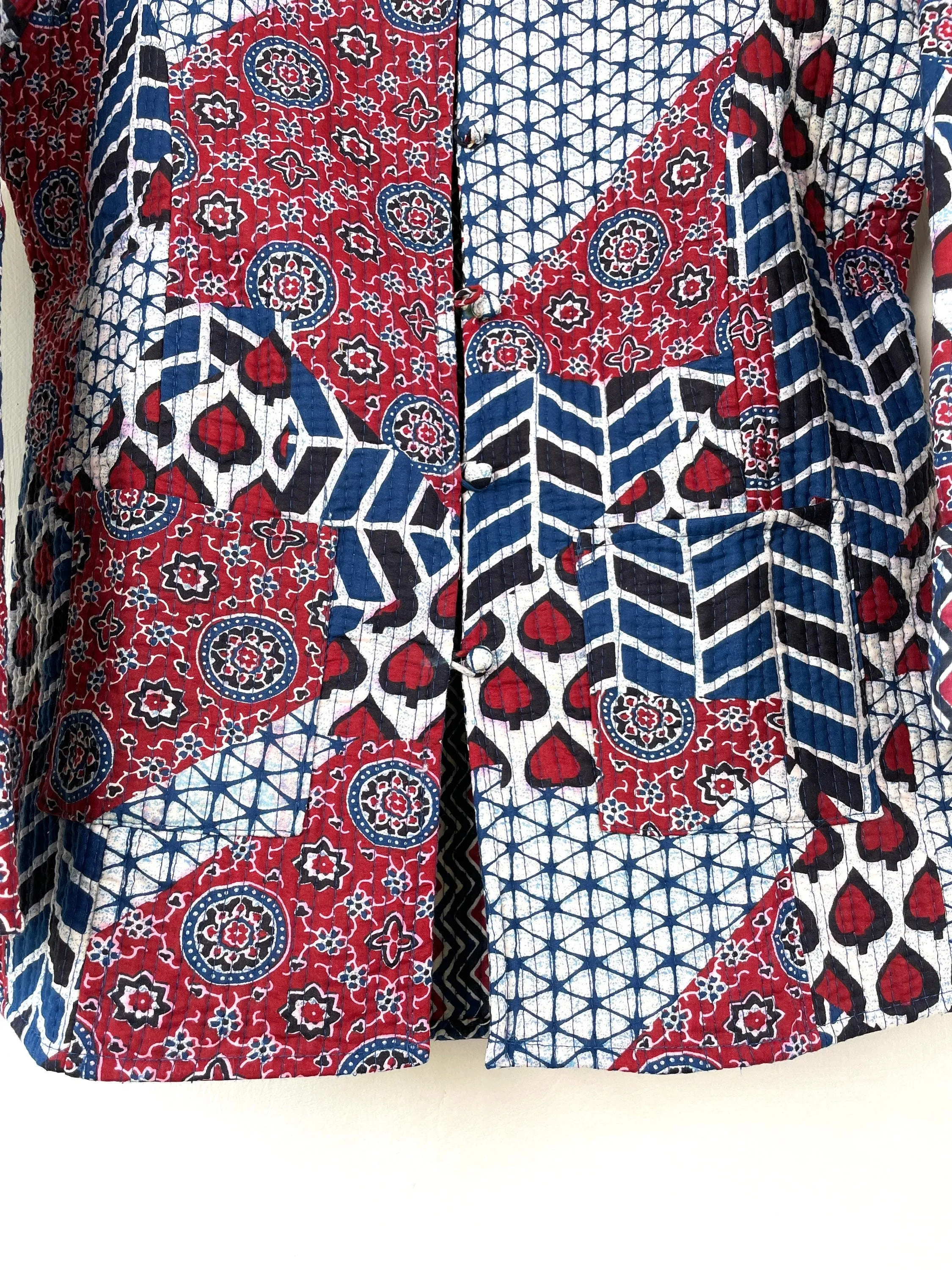 Indian Handmade Quilted Cotton Fabric Jacket Stylish Red, White & Blue Women's Coat, Reversible Waistcoat for Her