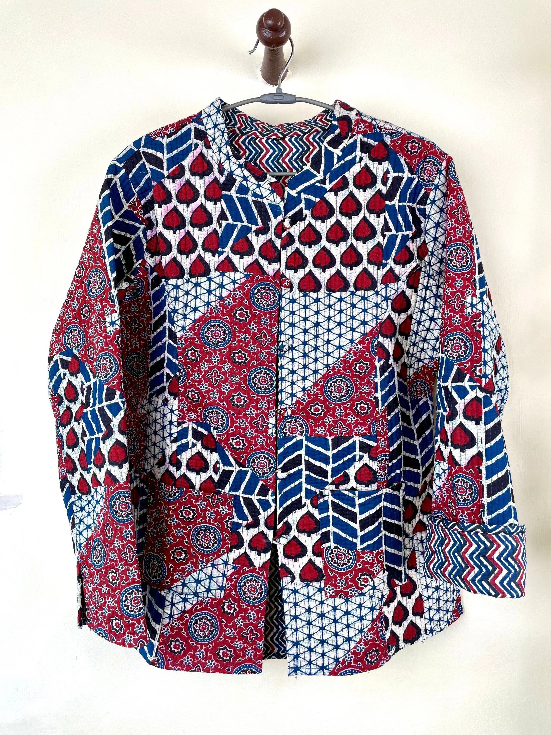 Indian Handmade Quilted Cotton Fabric Jacket Stylish Red, White & Blue Women's Coat, Reversible Waistcoat for Her