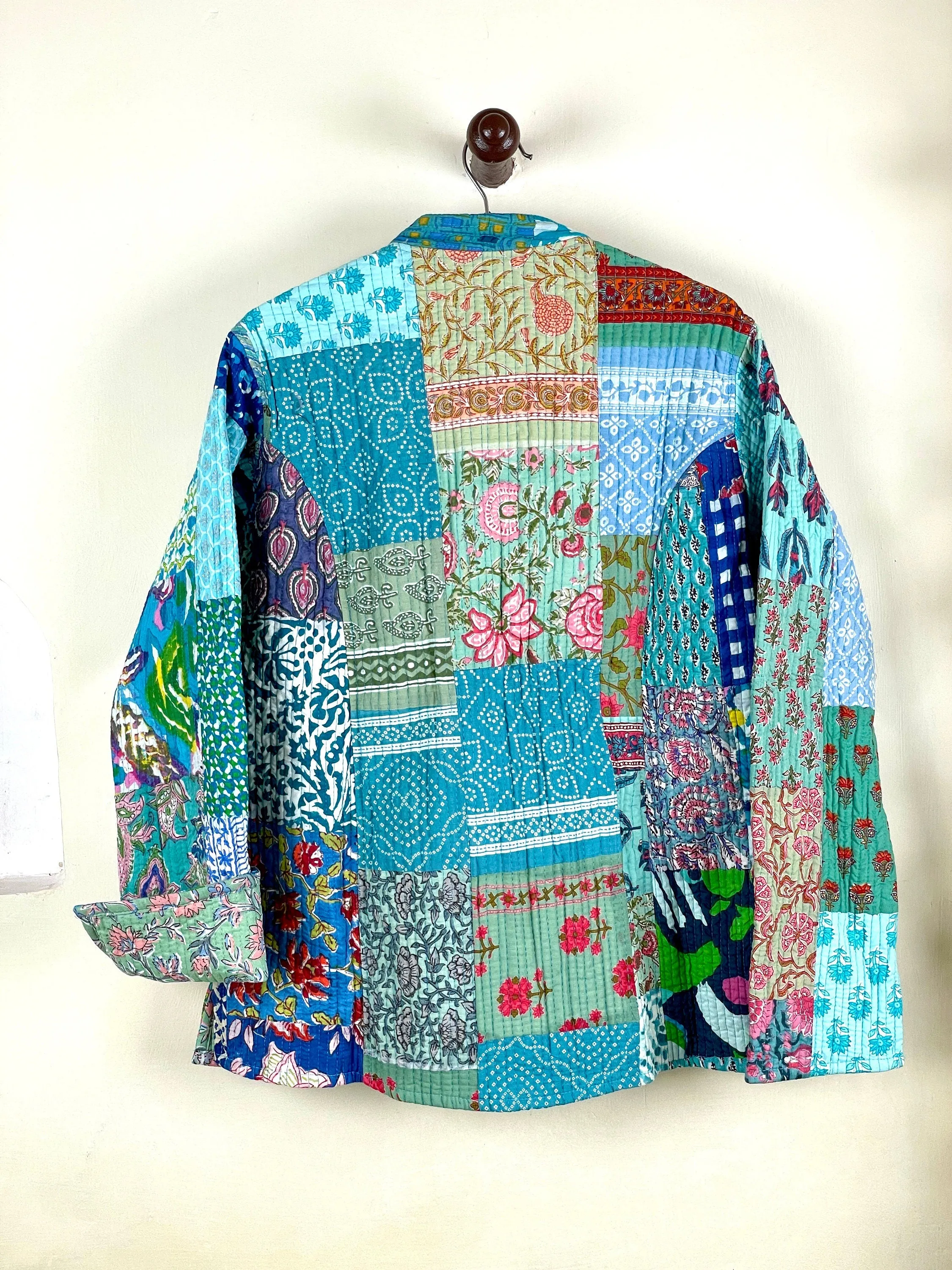 Indian Handmade Quilted Cotton Fabric Jacket Stylish Turquoise Patchwork Women's Coat, Reversible Waistcoat for Her