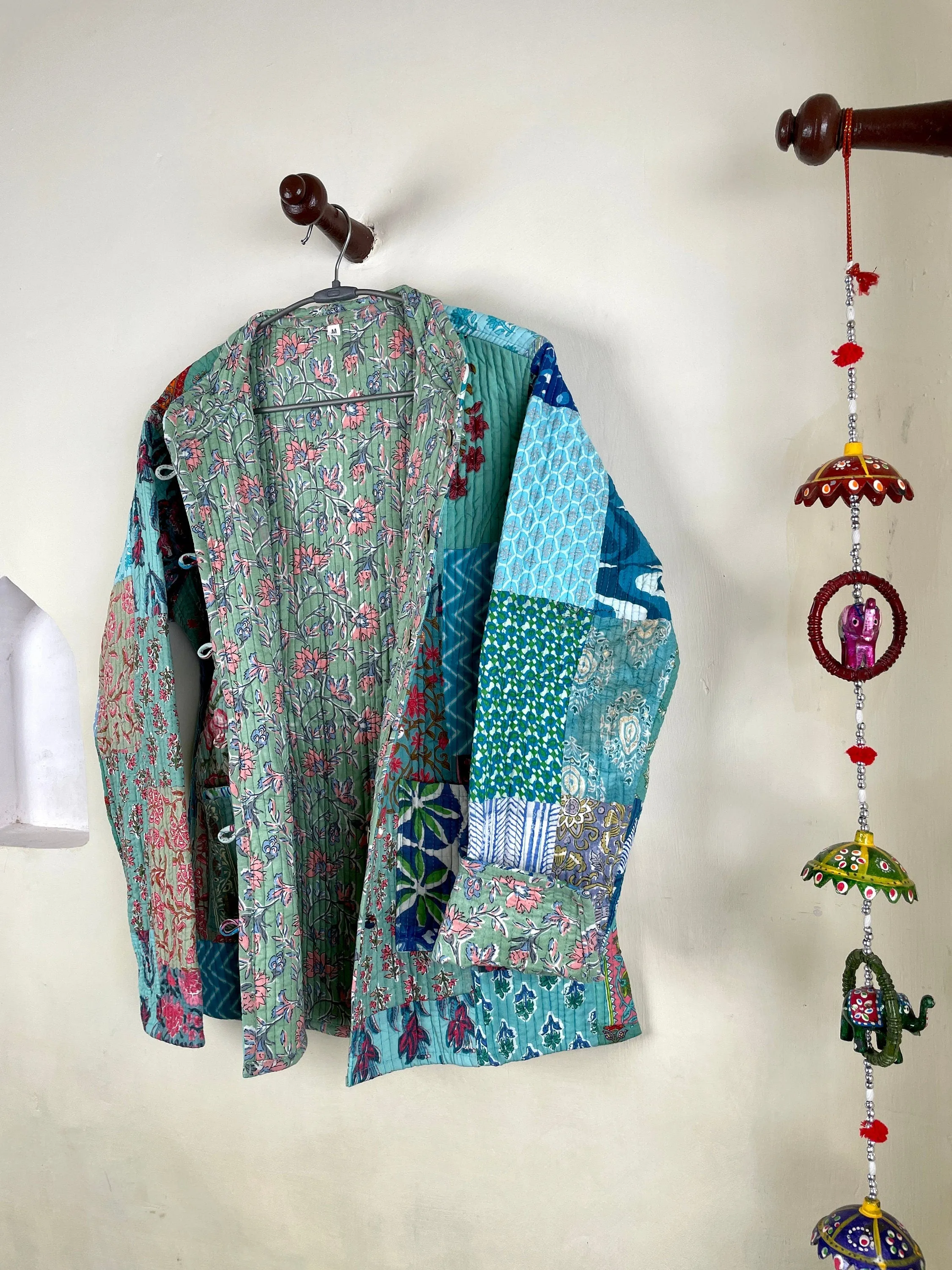 Indian Handmade Quilted Cotton Fabric Jacket Stylish Turquoise Patchwork Women's Coat, Reversible Waistcoat for Her