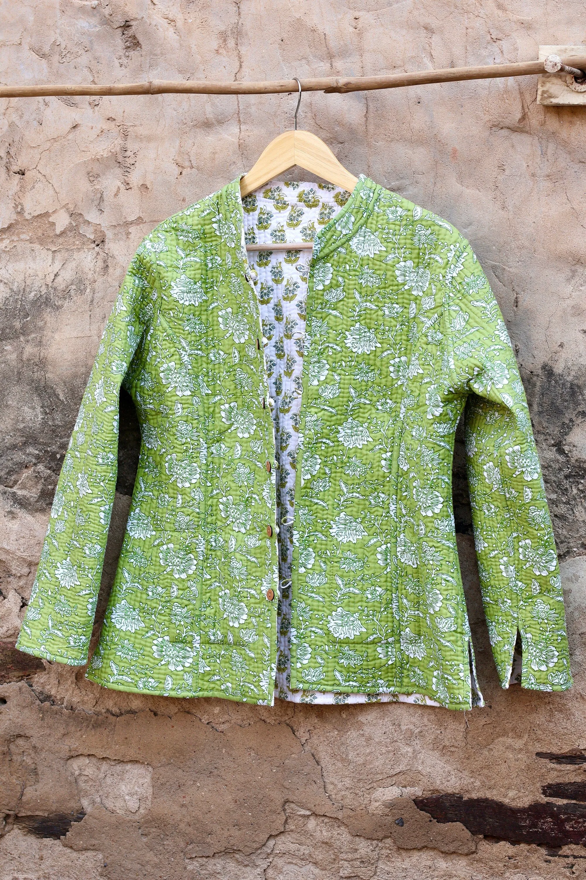 Indian Handmade Quilted Cotton Fabric Kantha Jacket Stylish White & Green Floral Bohemian Women's Coat, Reversible Waistcoat for Her