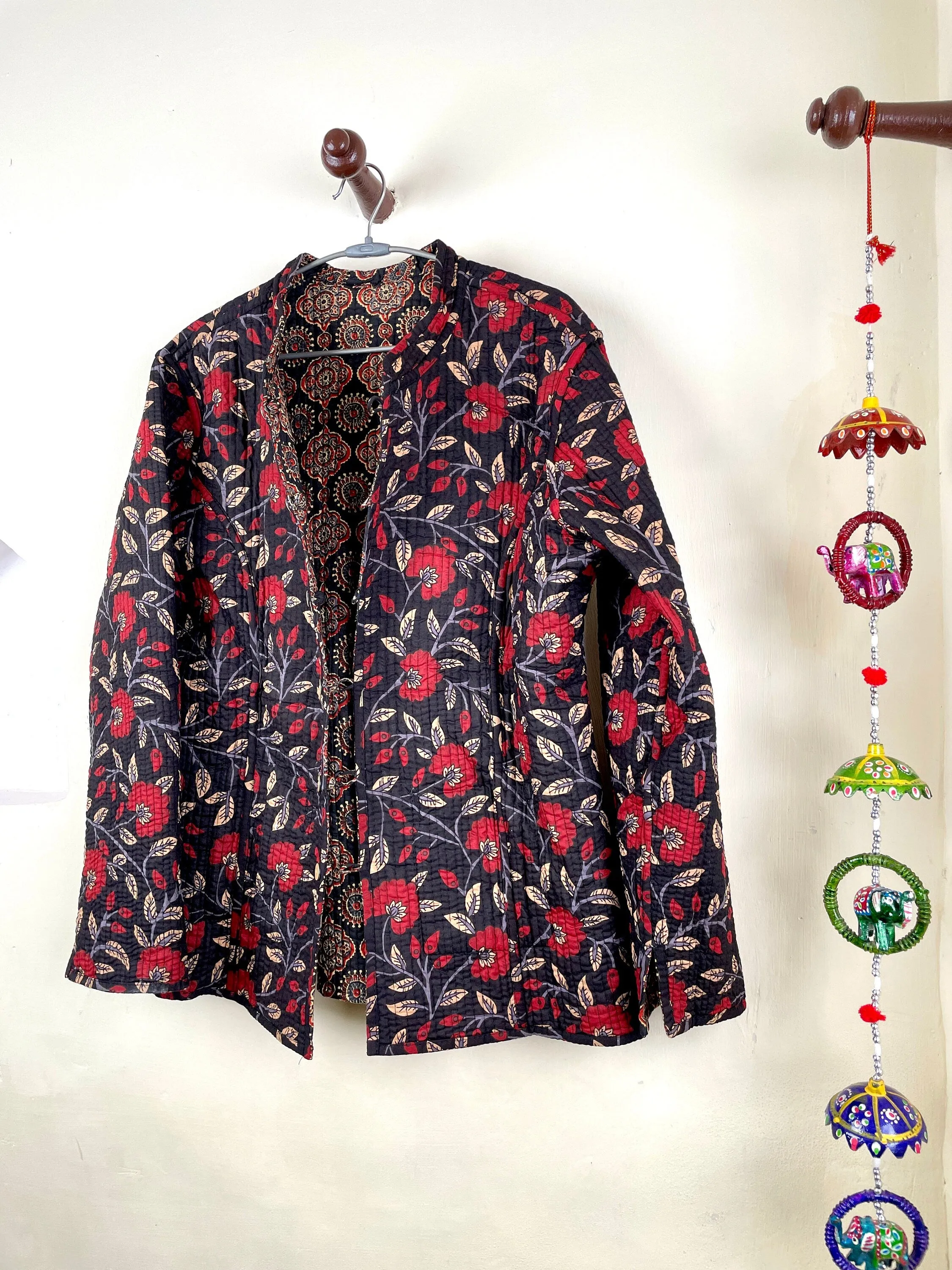 Indian Handmade Quilted Fabric Jacket Stylish Black & Red Floral Women's Coat, Reversible Jacket for Her