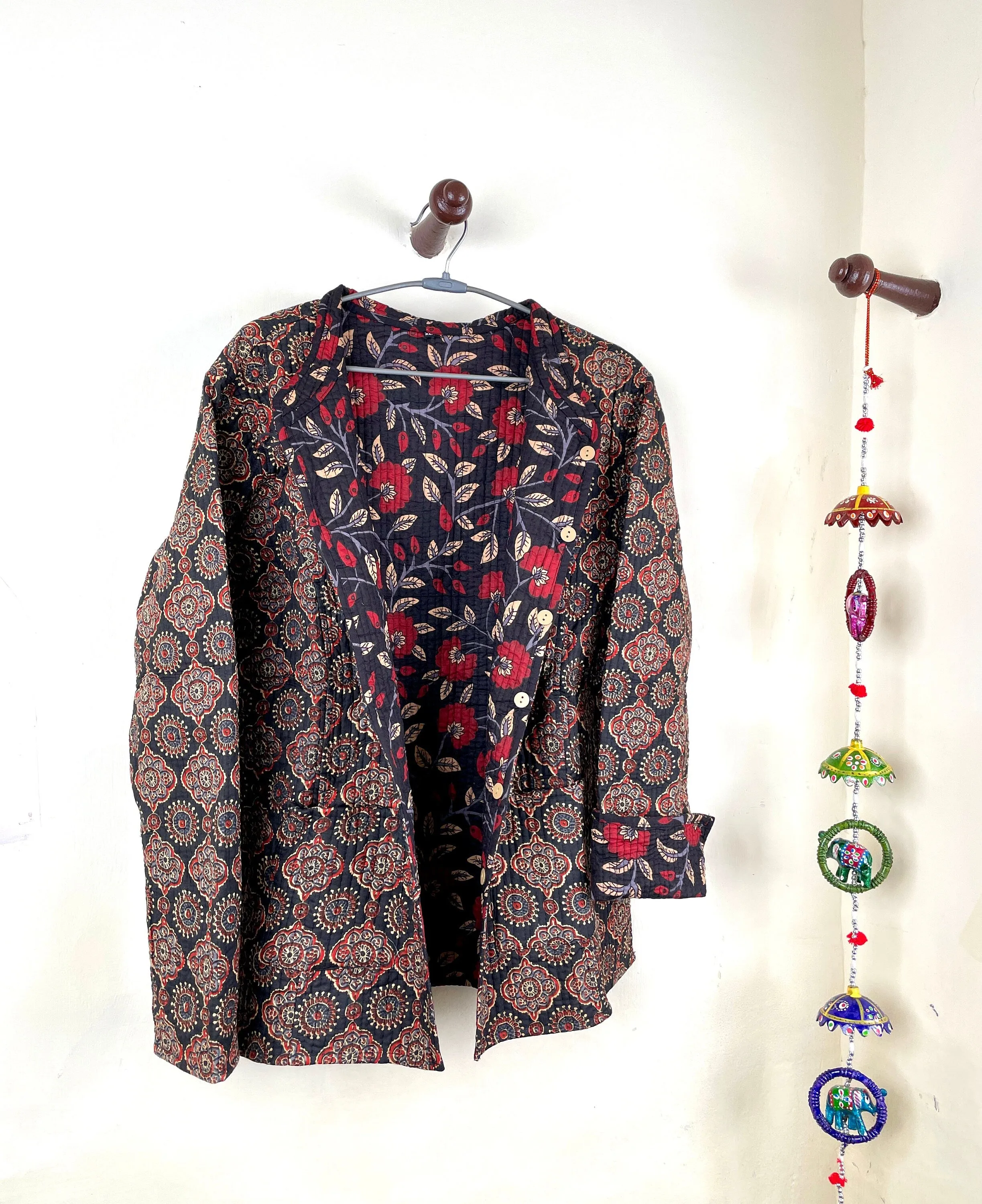 Indian Handmade Quilted Fabric Jacket Stylish Black & Red Floral Women's Coat, Reversible Jacket for Her