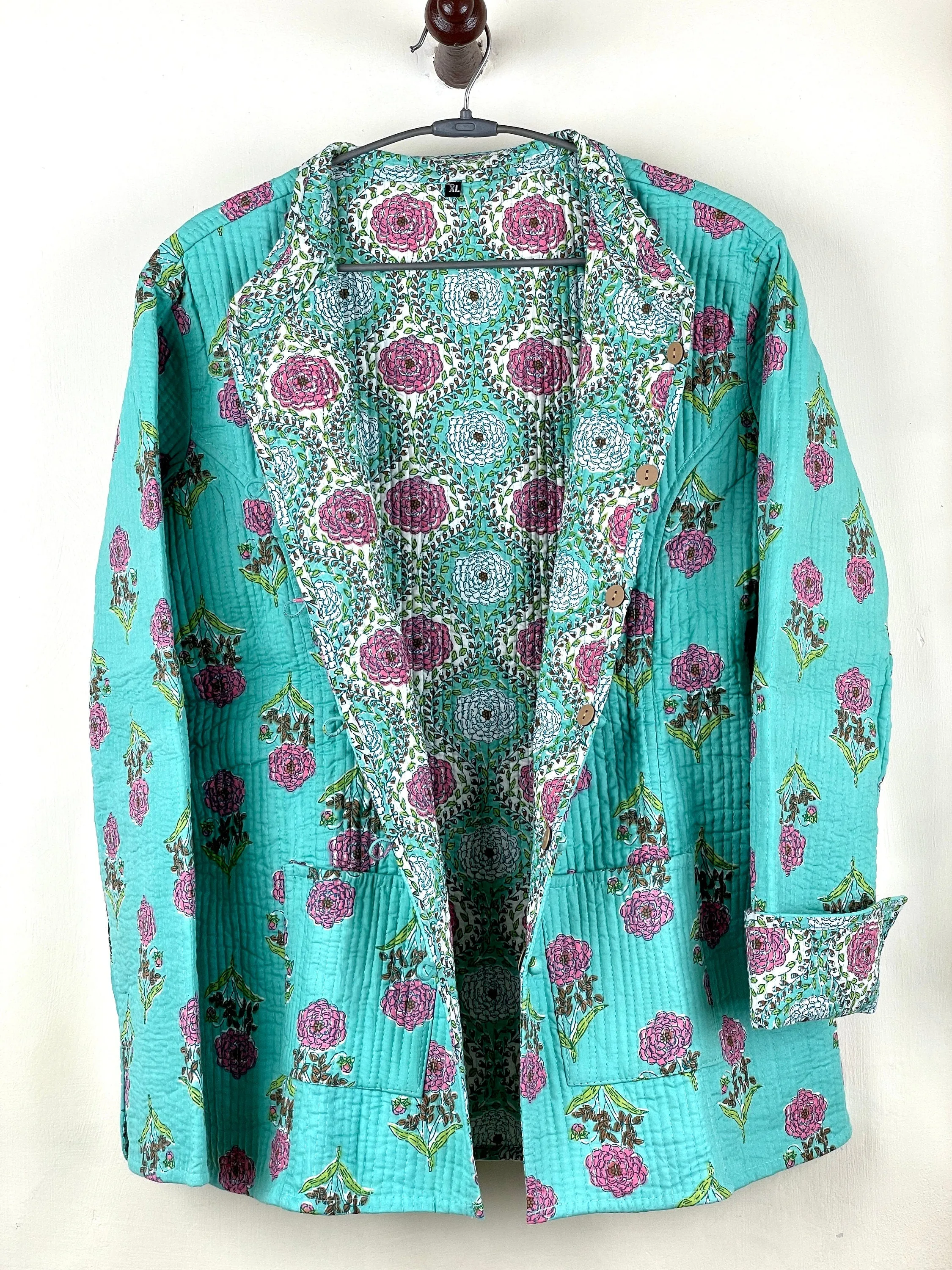 Indian Handmade Quilted Fabric Jacket Stylish Blue & Pink Floral Women's Coat, Reversible Jacket for Her