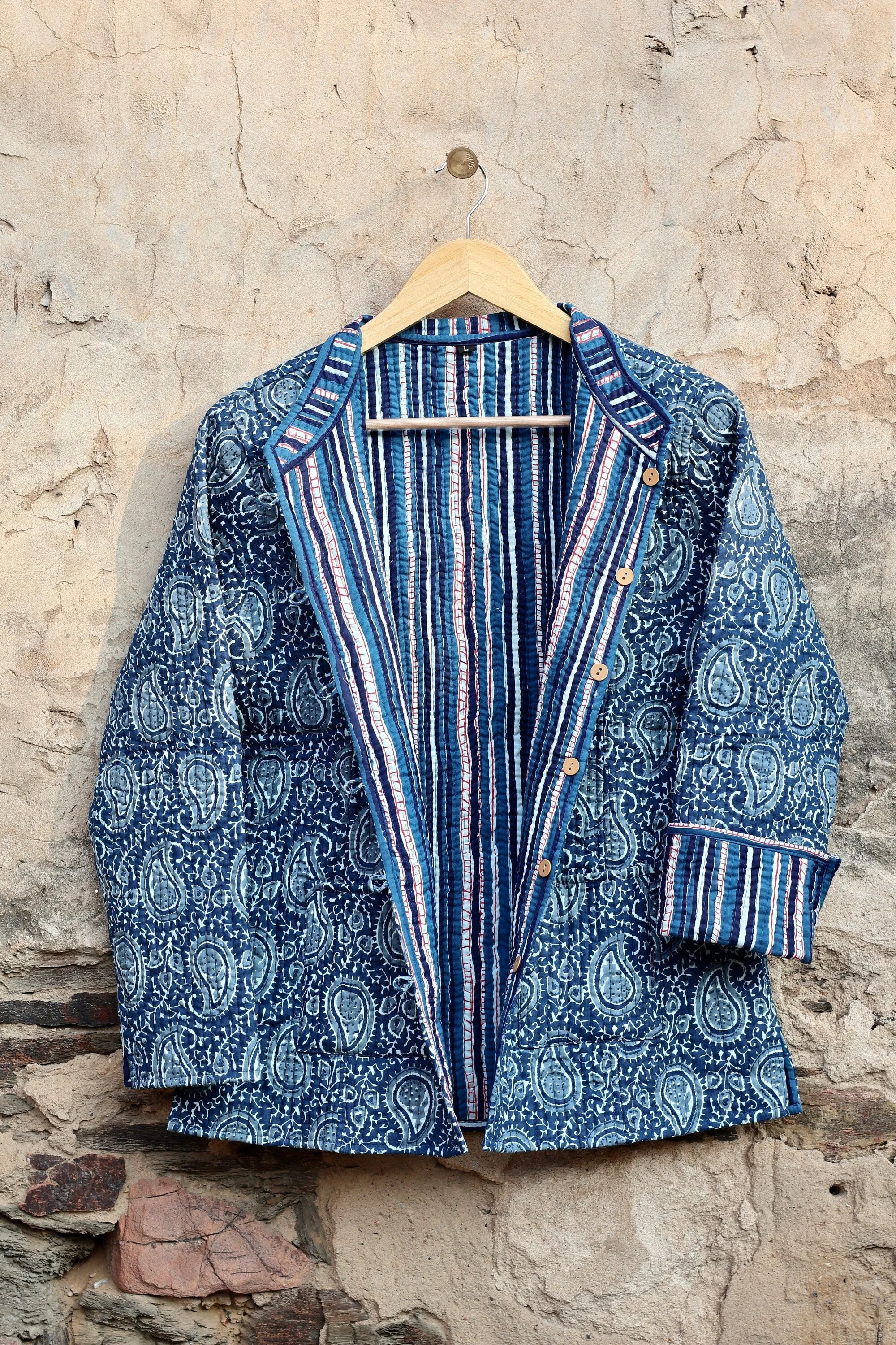 Indian Handmade Quilted Kantha Cotton Fabric Jacket Stylish Blue & Grey Floral Women's Coat, Reversible Waistcoat for Her