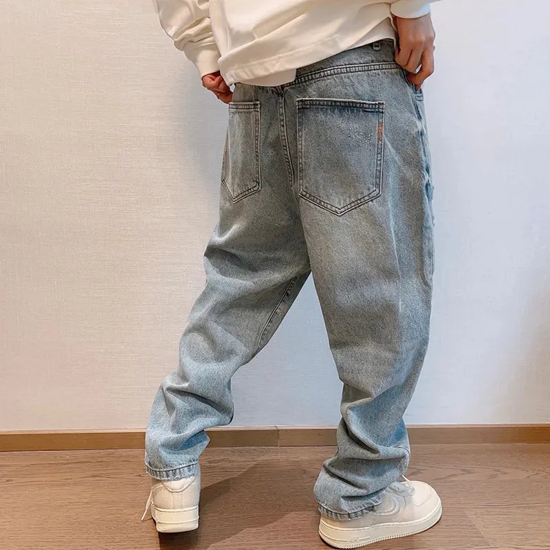 Korean Ripped Baggy Jeans Men Clothing Straight-Leg Denim Cargo Pants