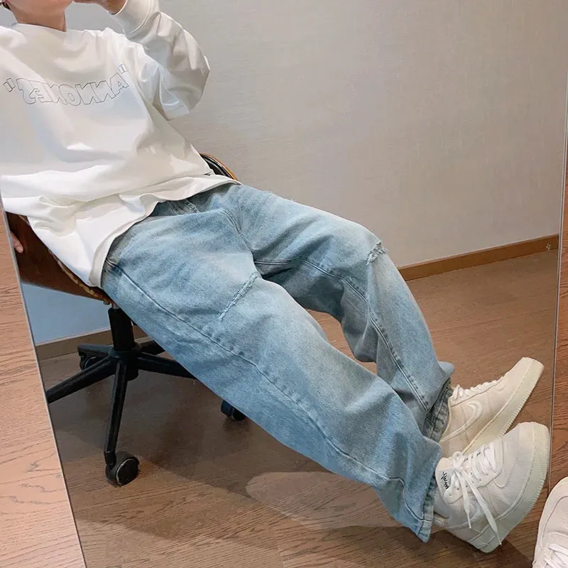 Korean Ripped Baggy Jeans Men Clothing Straight-Leg Denim Cargo Pants