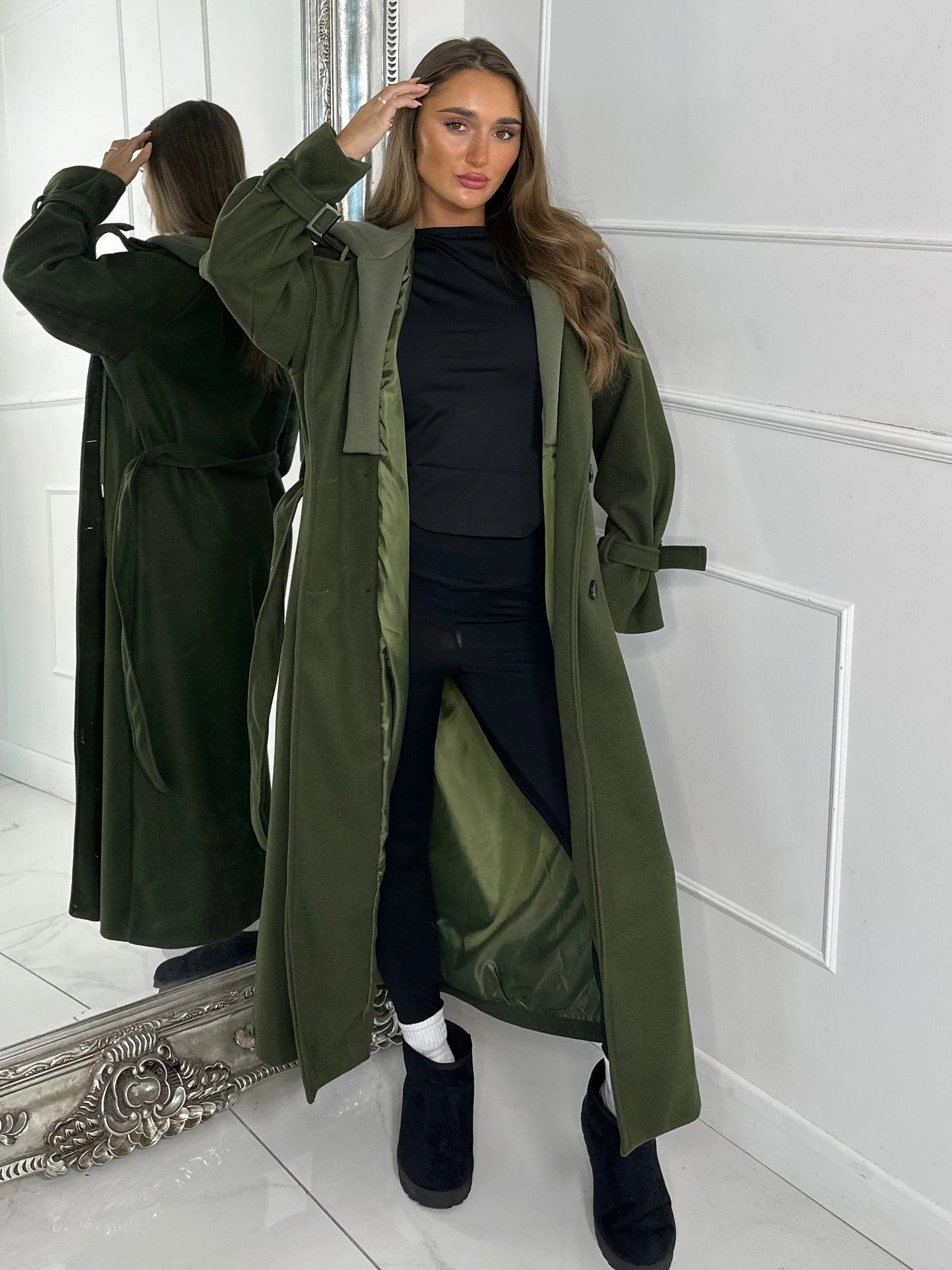 Longline Trench Coat With Attached Hood - Khaki