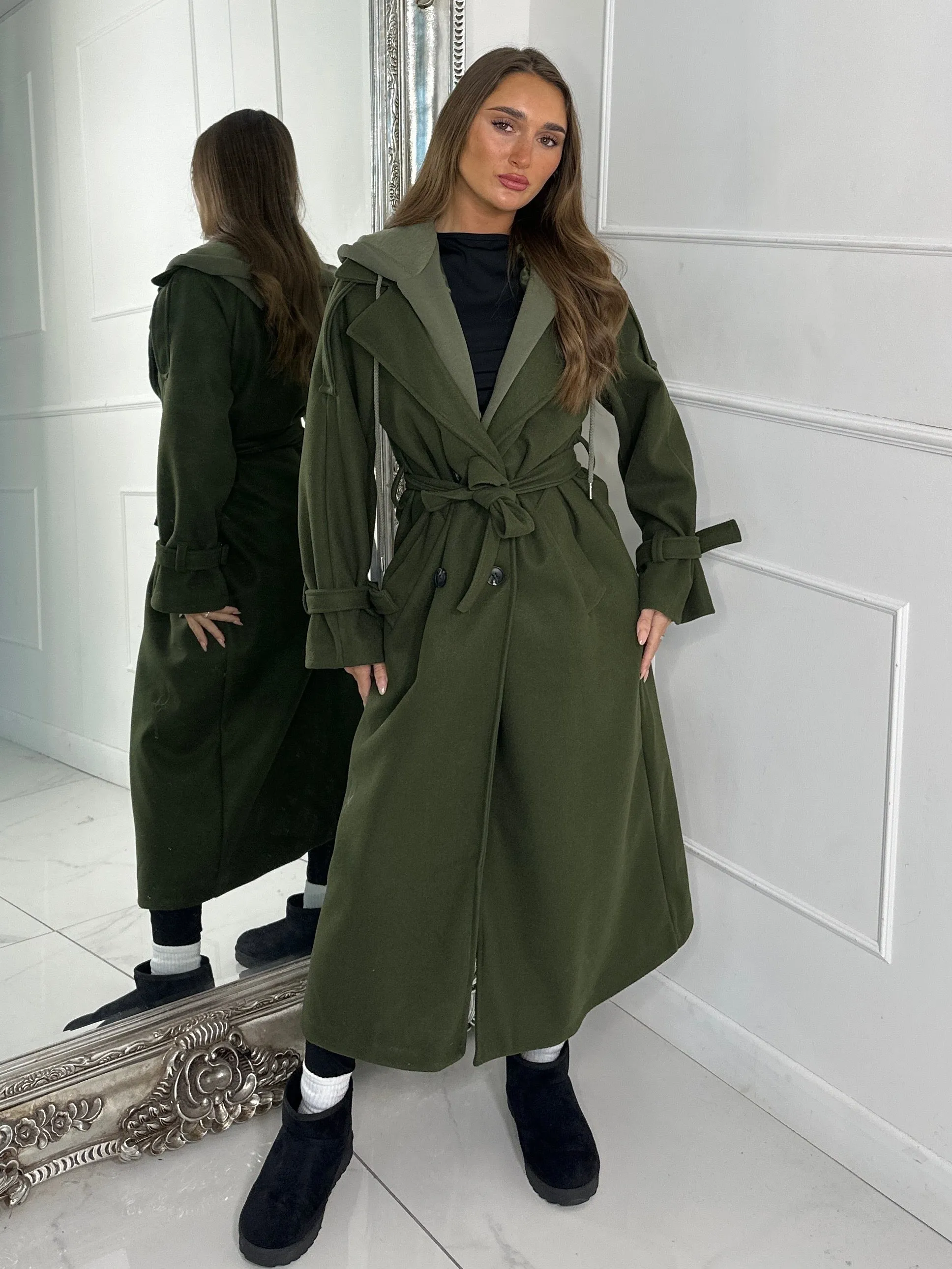 Longline Trench Coat With Attached Hood - Khaki