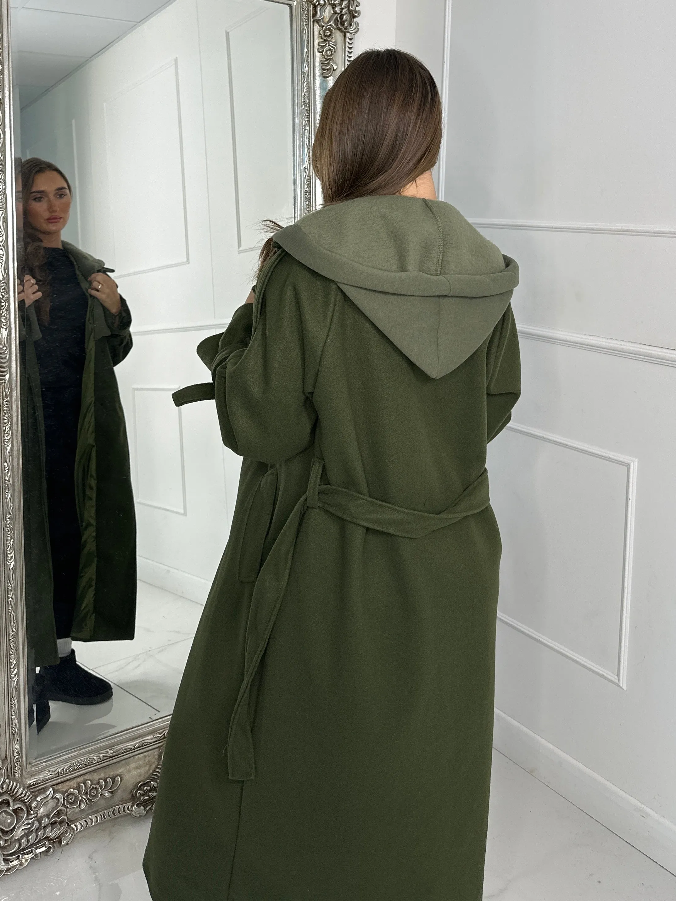 Longline Trench Coat With Attached Hood - Khaki