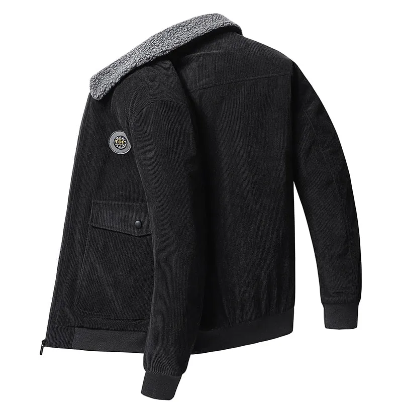 Men Winter Fleece Warm Thick Jackets Fur Collar Corduroy Coat