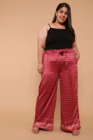 Red Border Ethnic Print High Waist Satin Pants