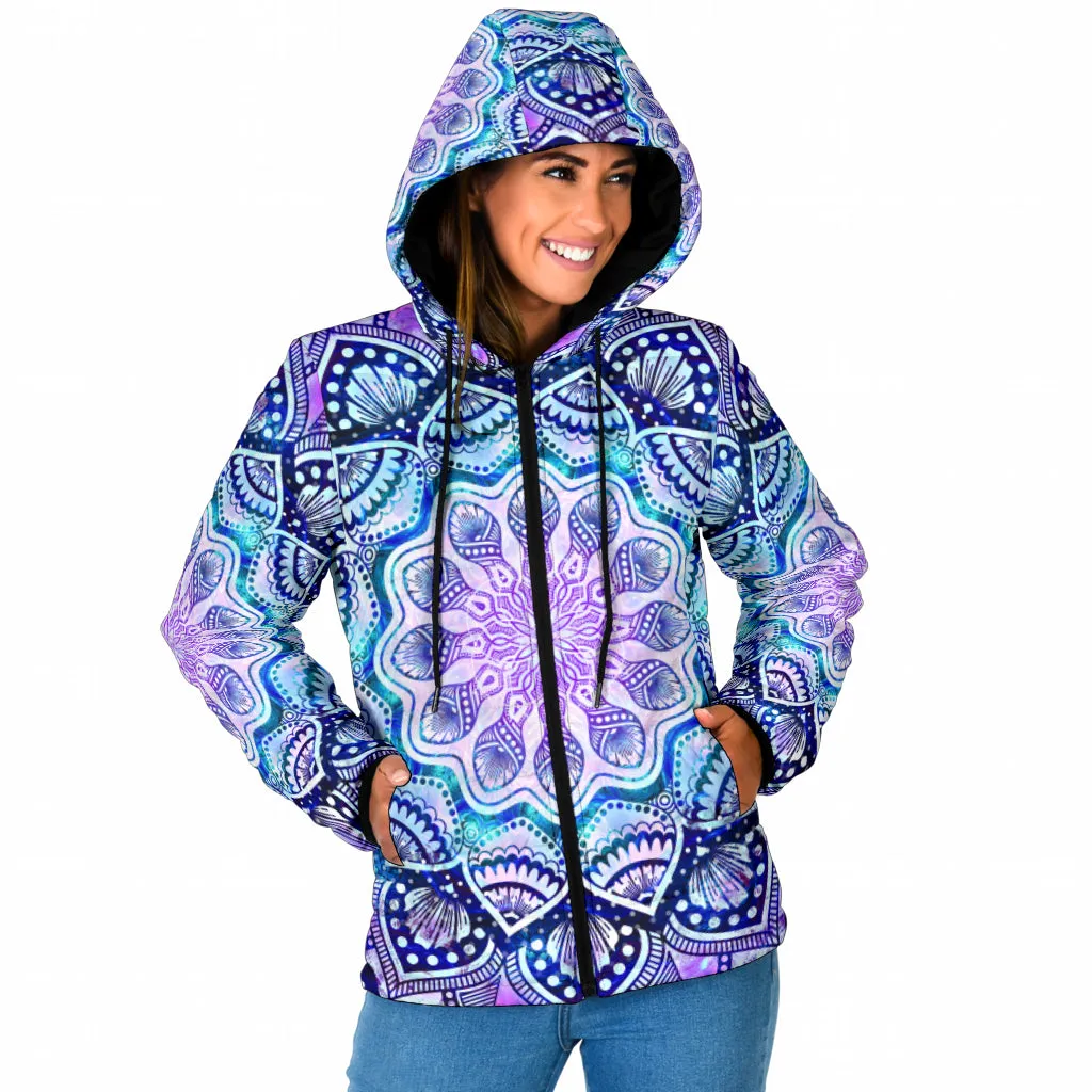 Sacred Mandala Womens Padded Hooded Jacket | Cameron Gray