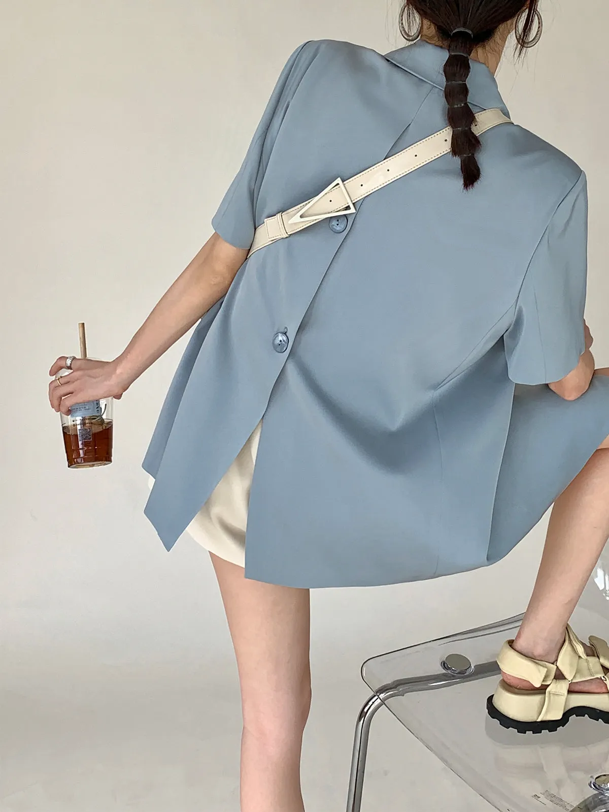 Satin Short-Sleeve Notch Lapel Blazer - Blue