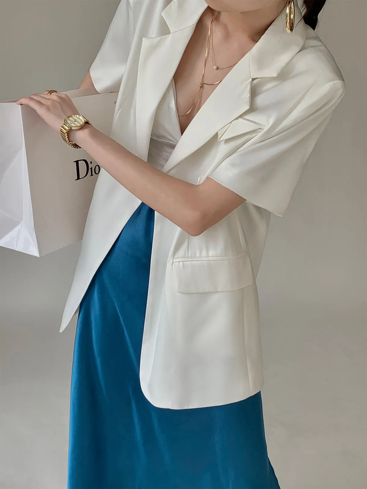 Satin Short-Sleeve Notch Lapel Blazer - White