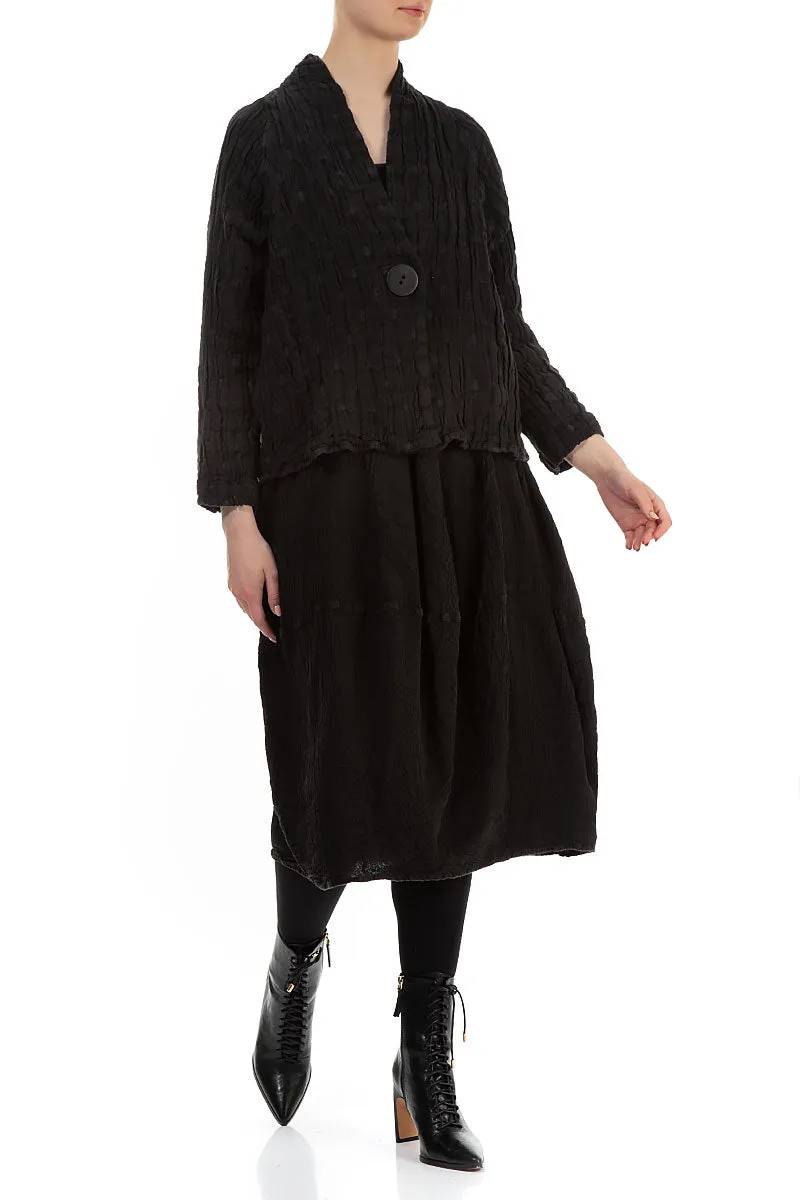 Single Button Black Textured Linen Jacket