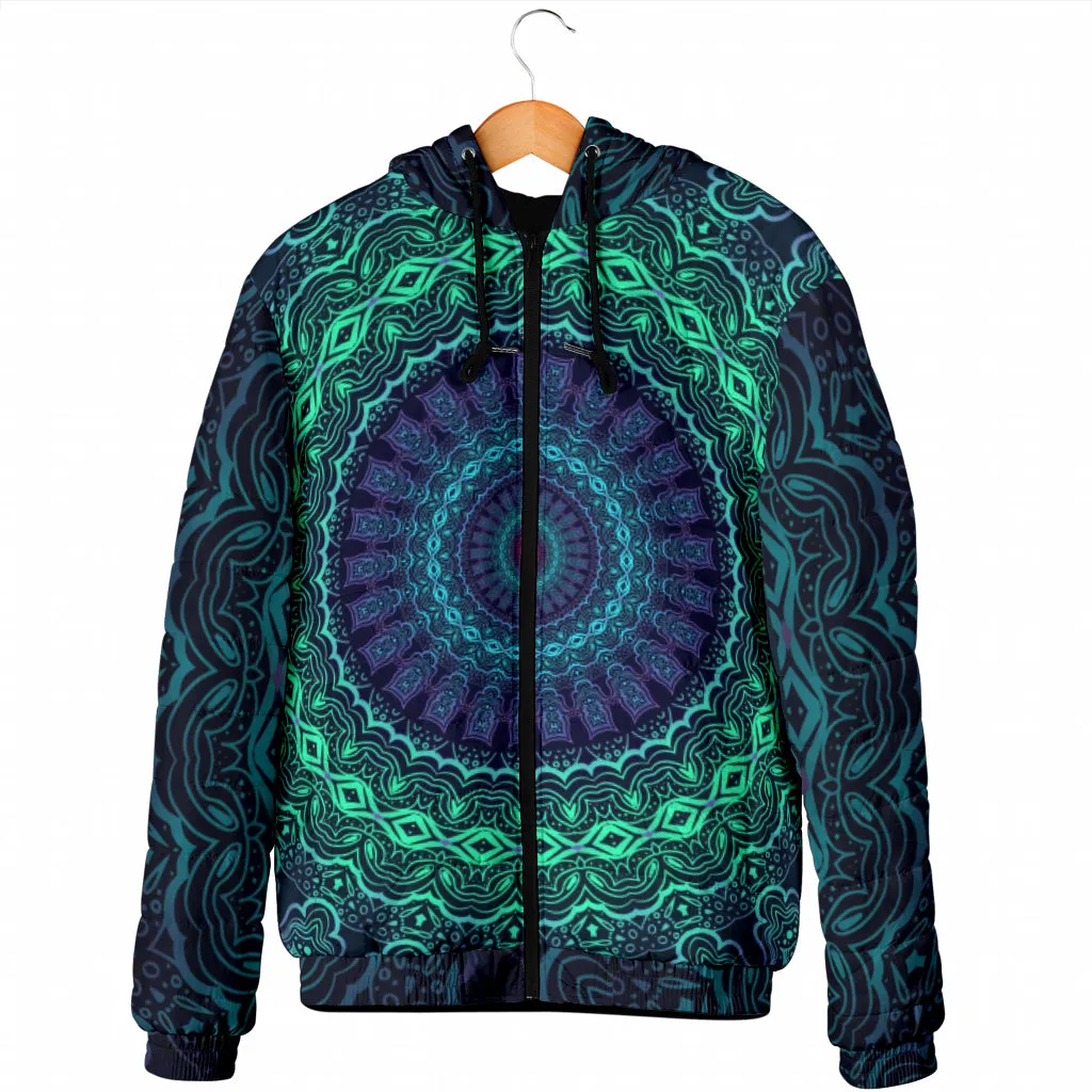 Trippy Mandala Mens Padded Hooded Jacket | Cameron Gray