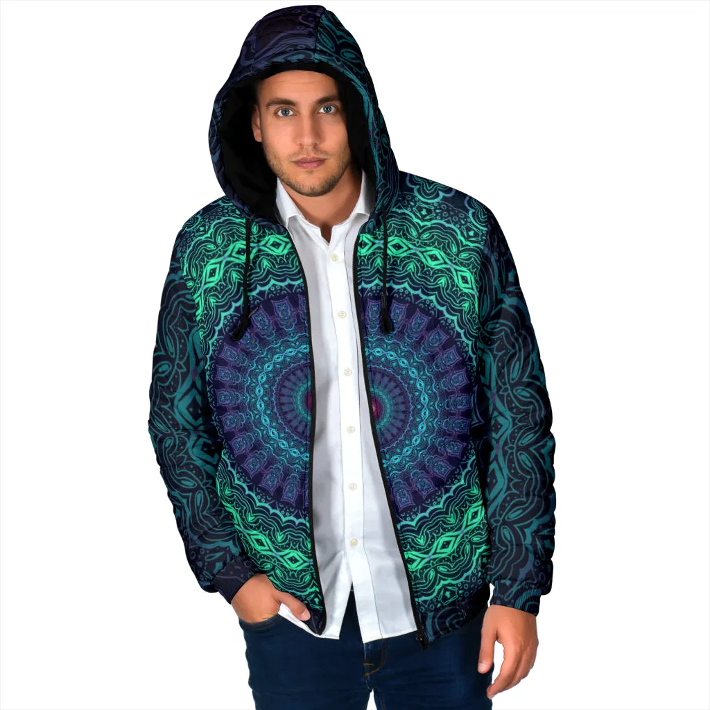 Trippy Mandala Mens Padded Hooded Jacket | Cameron Gray