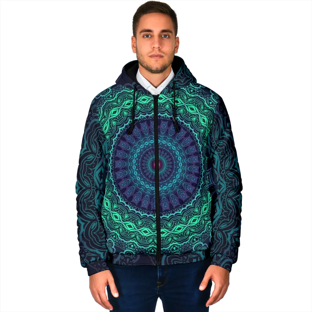 Trippy Mandala Mens Padded Hooded Jacket | Cameron Gray